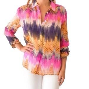 Anthropologie Leifsdottir Sani Neon Sheer Silk Top Blouse Shirt Ikat Colorful